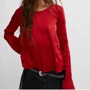 Free People Arabella Open Tie Back Satin Blouse in Rubies, Sz S